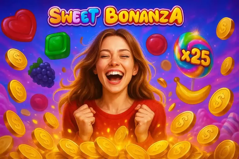 Vitoria Sweet Bonanza Multiplicador x25 Mulher entusiasmada celebrando vitória Sweet Bonanza cercada por moedas douradas, frutas coloridas и multiplicador x25 arco-íris